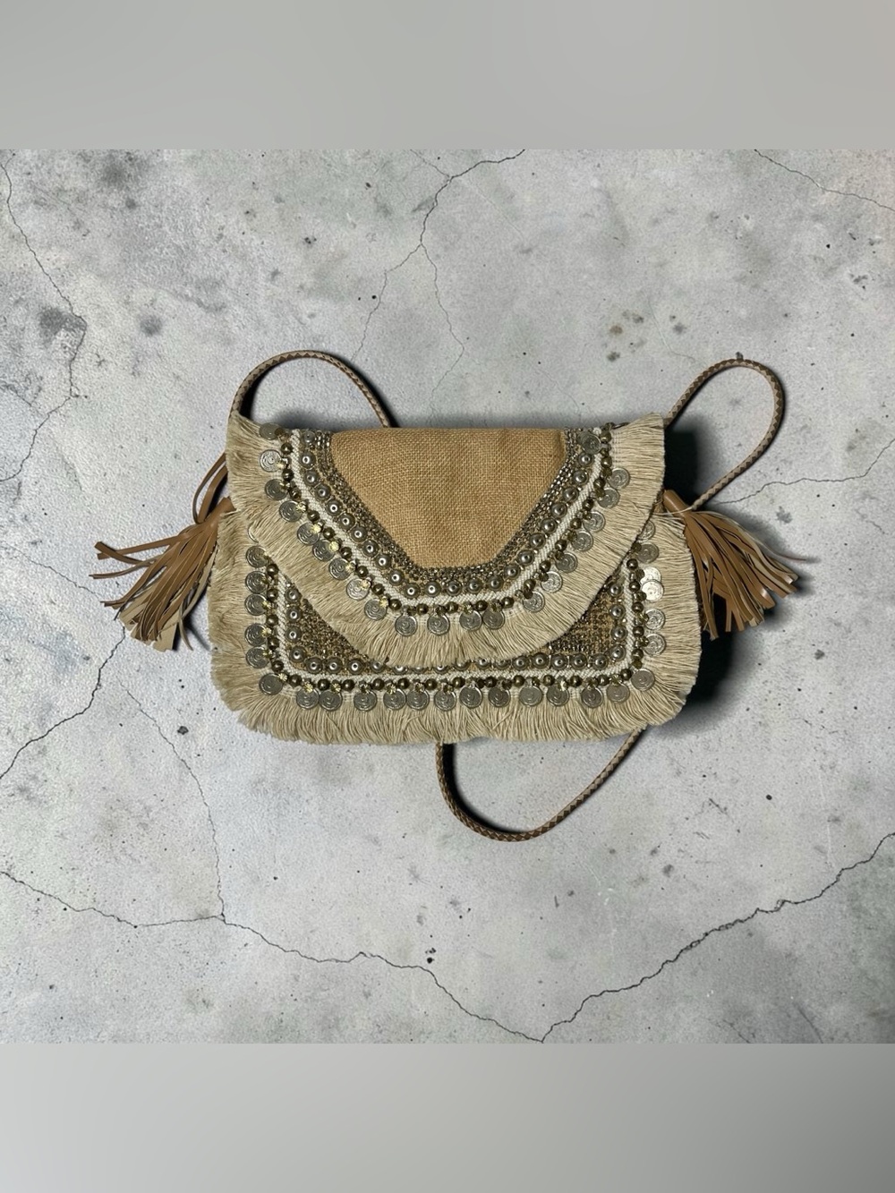 Revolve Shashi Leela Clutch Coin Beaded Fringe Crossbody Shoulder Bag Boho Beach